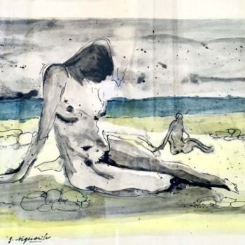 Giuseppe Signorile, “Sulla spiaggia” (acquerello e china, 40x30, 1982)