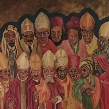 Giuseppe Signorile, Concilio ecumenico, 1974 (biennale d’arte sacra, Roma. 80x120, olio e foglia d‘oro su tela)-I